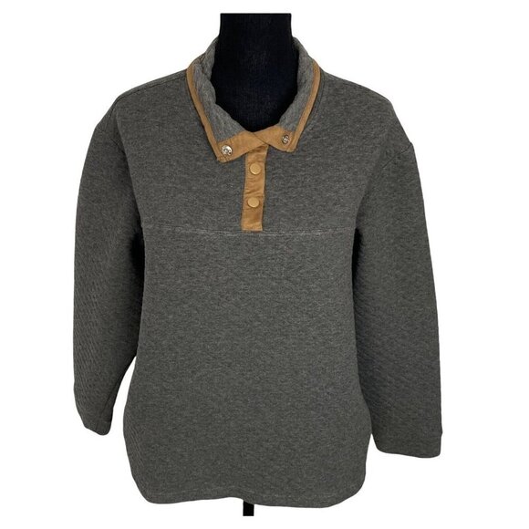 KOOLABURRA by UGG Quilted Sweatshirt Top 3/4 Sleeve 1/4 Button Gray Tan 1X 3-3 - Picture 1 of 10